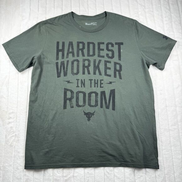 Under Armour Project Rock T-Shirt Men's 2XL Hardest Worker in the Room Green Gym - Picture 1 of 10